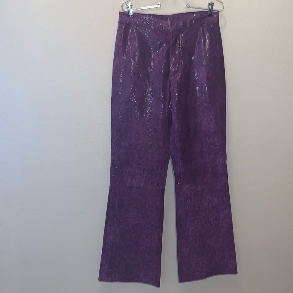 Wilsons Maxima Leather Pants Womens Size 10 Purple Wet Look Floral Paisley Lined